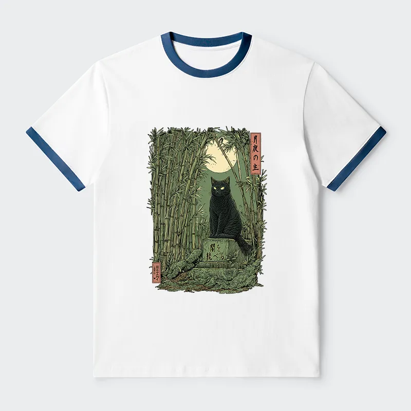 Tokyo-Tiger Black Cat In The Bamboo Forest Contrast Trim T-Shirt