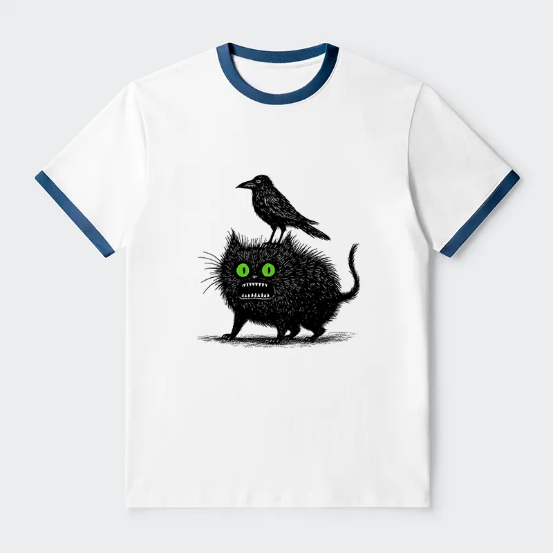 Tokyo-Tiger Crow And Black Cat Contrast Trim T-Shirt