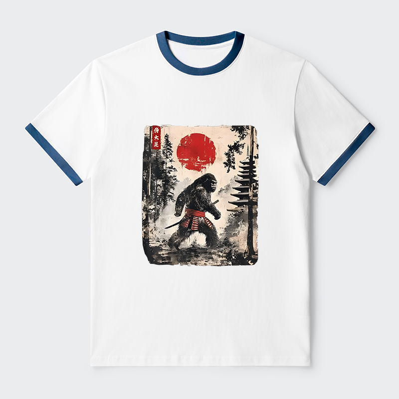 Tokyo-Tiger Japanese Samurai Bigfoot Contrast Trim T-Shirt