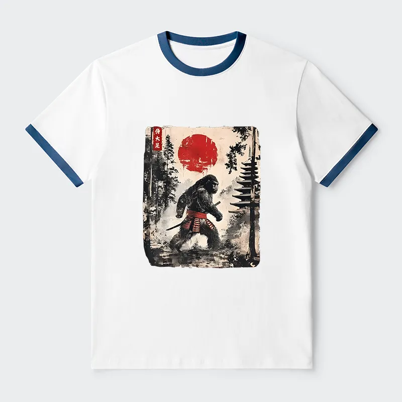 Tokyo-Tiger Japanese Samurai Bigfoot Contrast Trim T-Shirt