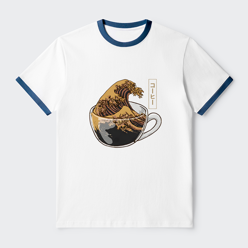 Tokyo-Tiger Coffee Wave Contrast Trim T-Shirt