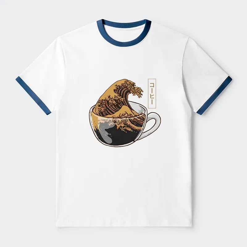 Tokyo-Tiger Coffee Wave Contrast Trim T-Shirt