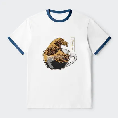 Tokyo-Tiger Coffee Wave Contrast Trim T-Shirt