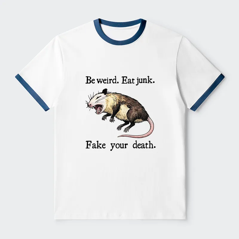 Tokyo-Tiger Possum Playing Dead Funny Contrast Trim T-Shirt