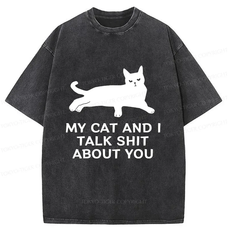 Tokyo-Tiger Gossiping Black Cat Washed T-Shirt