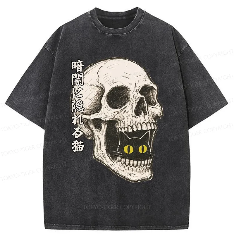 Tokyo-Tiger Cat Hiding In The Skull Washed T-Shirt