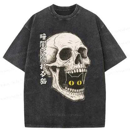 Tokyo-Tiger Cat Hiding In The Skull Washed T-Shirt