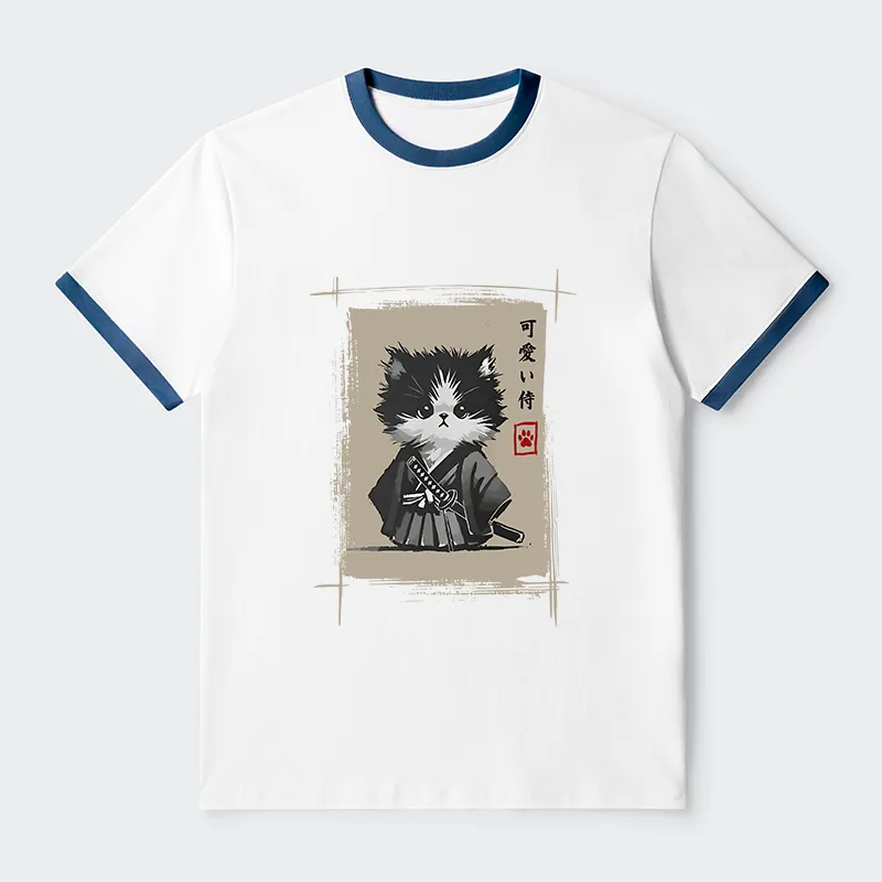 Tokyo-Tiger Kitten Samurai Contrast Trim T-Shirt