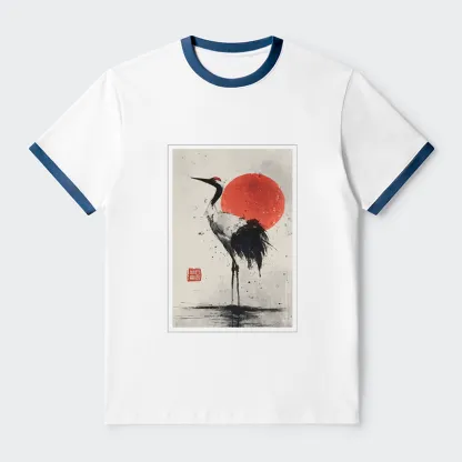 Tokyo-Tiger Retro Japanese Red-crowned Crane Contrast Trim T-Shirt