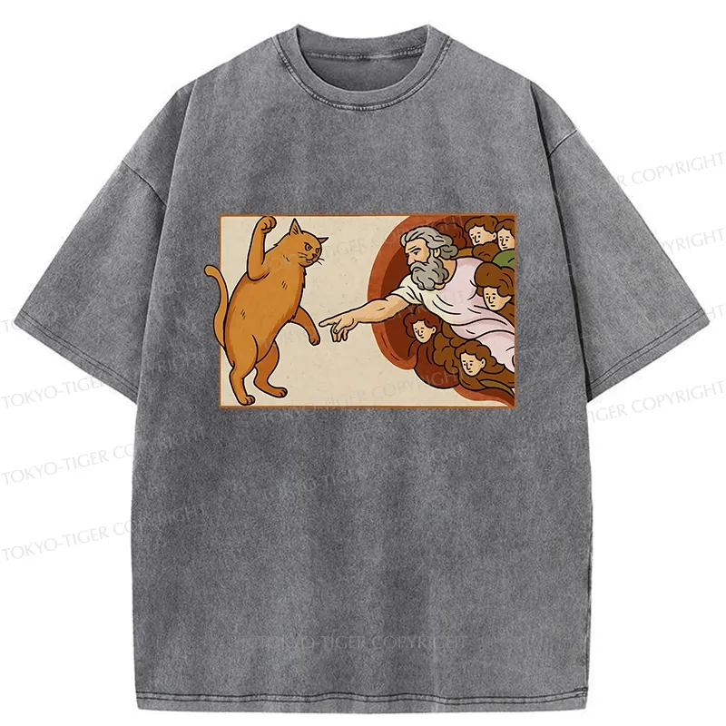 Tokyo-Tiger Naughty Cat Funny Washed T-Shirt