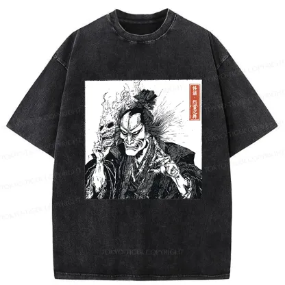 Tokyo-Tiger Samurai Taking Off His Demon Mask Washed T-Shirt
