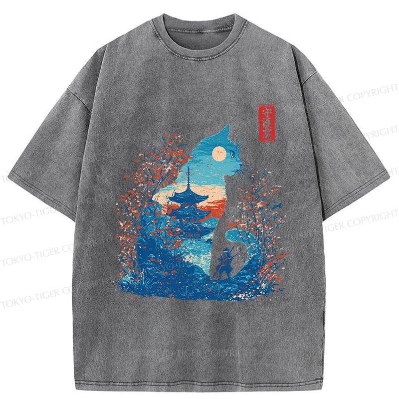 Tokyo-Tiger Cat Guardian Silhouette Washed T-Shirt