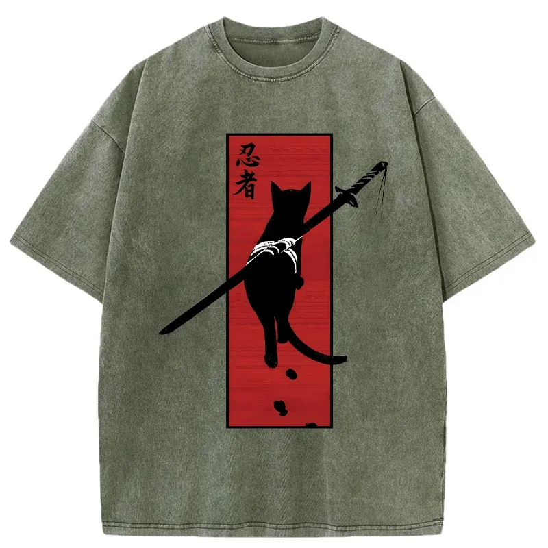Tokyo-Tiger Lonely Cat Ninja Washed T-Shirt