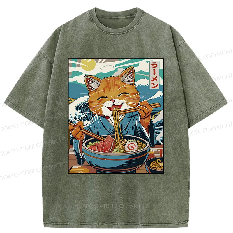 Tokyo-Tiger Orange Cat Eating Ramen Washed T-Shirt