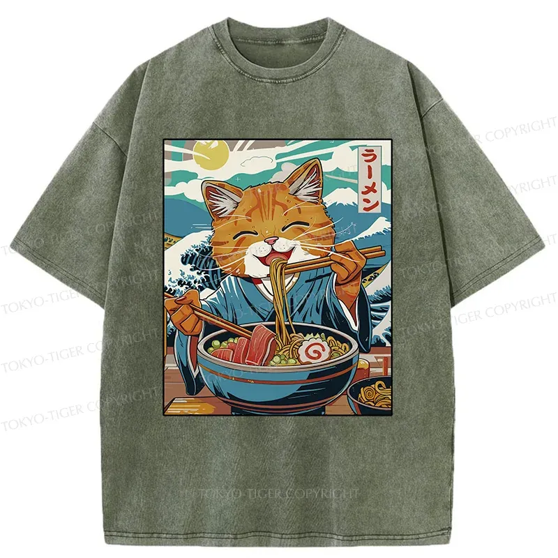 Tokyo-Tiger Orange Cat Eating Ramen Washed T-Shirt