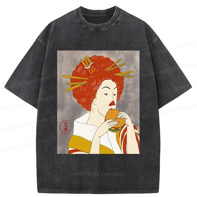 Tokyo-Tiger Japanese Eating Hamburger Washed T-Shirt