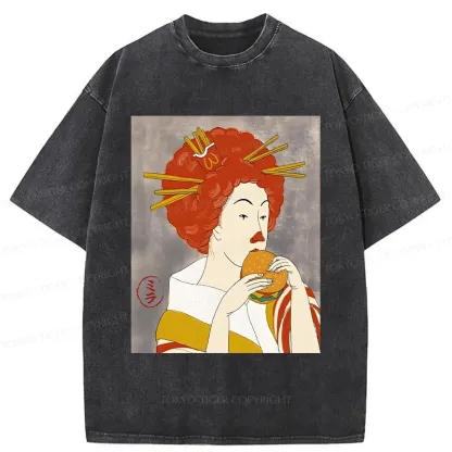 Tokyo-Tiger Japanese Eating Hamburger Washed T-Shirt