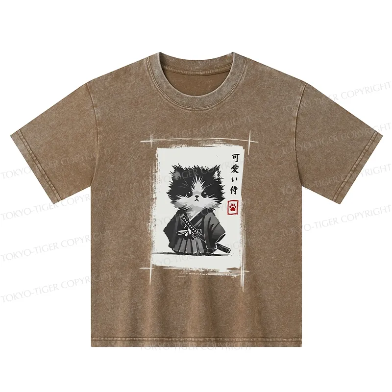 Tokyo-Tiger Kitten Samurai Kids Washed T-Shirt