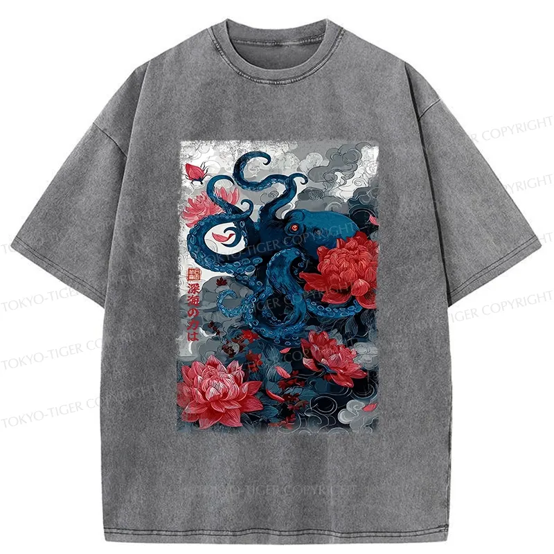 Tokyo-Tiger Deep Sea Retro Octopus Washed T-Shirt