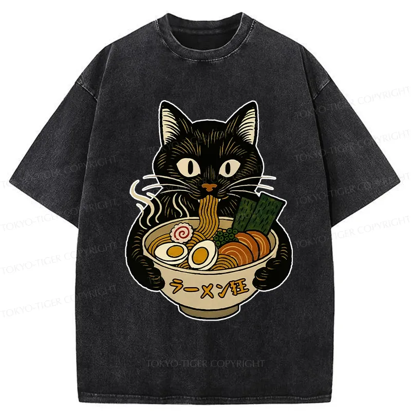 Tokyo-Tiger Ramen Fanatic Cat Washed T-Shirt