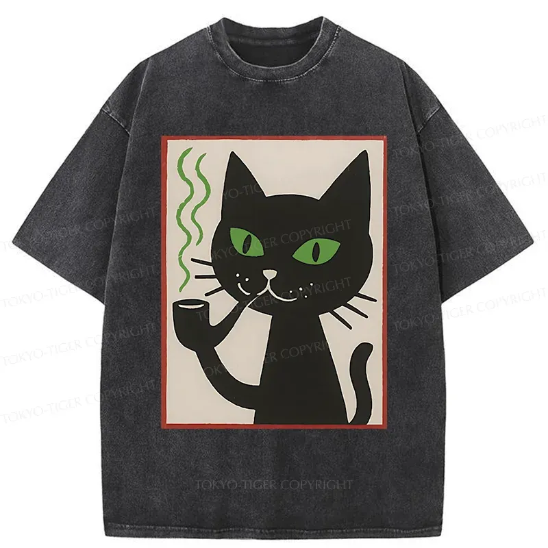 Tokyo-Tiger Black Cat Smoking Washed T-Shirt