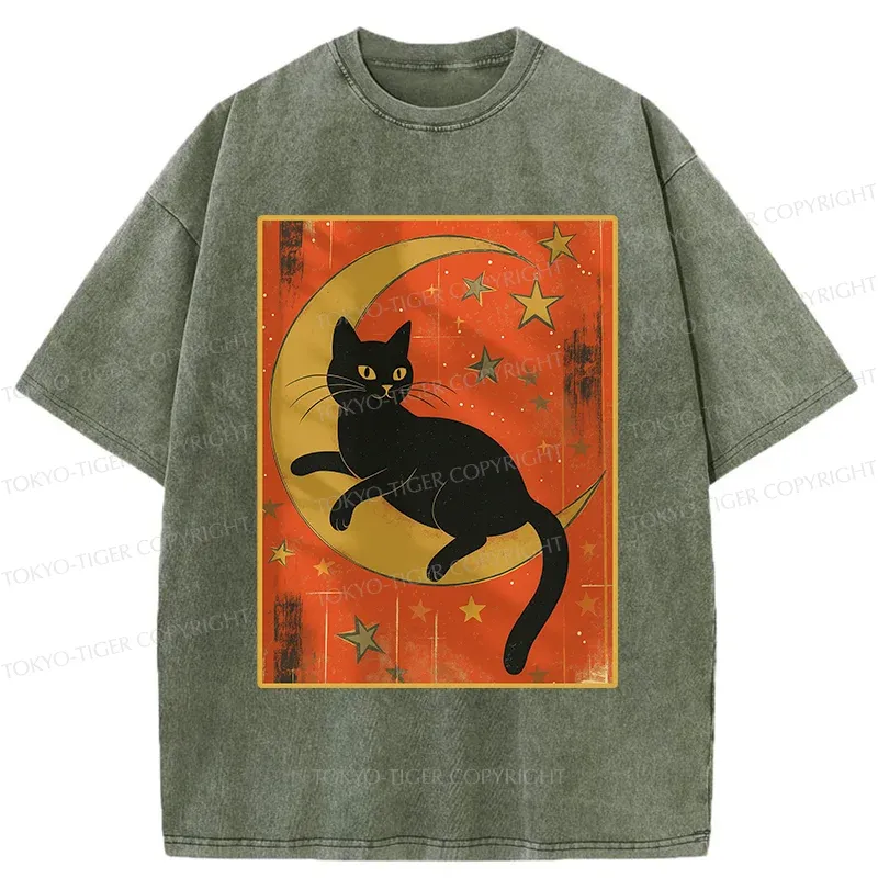 Tokyo-Tiger Black Cat On The Moon Washed T-Shirt