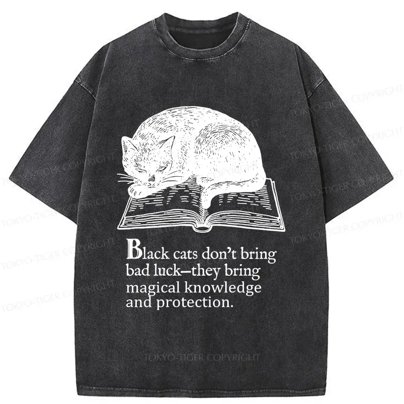 Tokyo-Tiger Black Cat Sleeping On A Book Washed T-Shirt