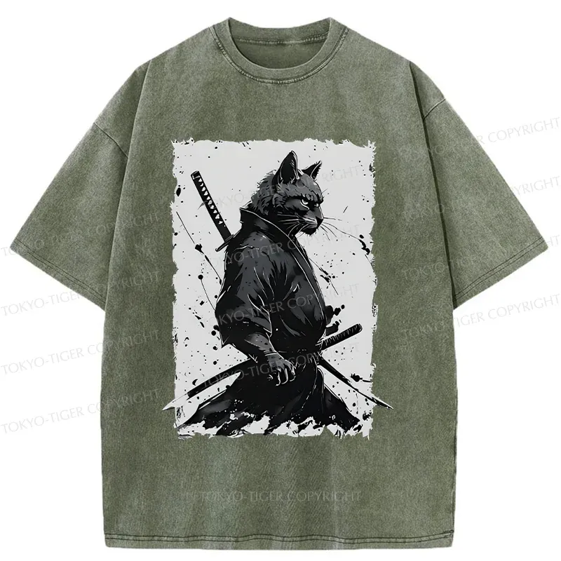 Tokyo-Tiger Handsome Samurai Cat Washed T-Shirt