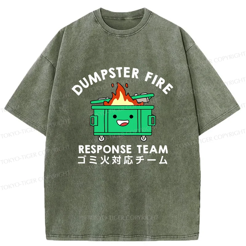 Tokyo-Tiger Trash Bin On Fire Washed T-Shirt