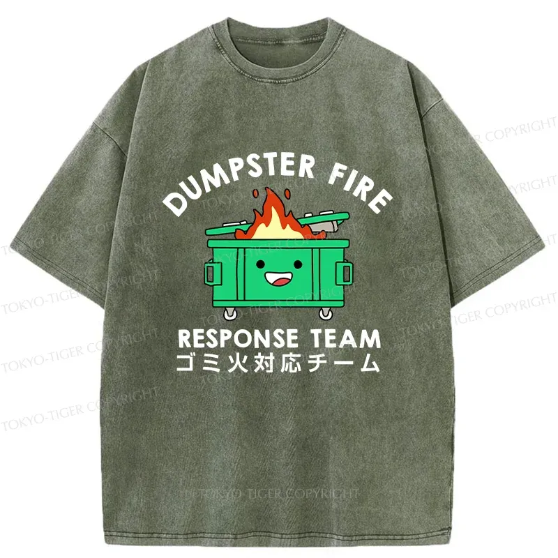 Tokyo-Tiger Trash Bin On Fire Washed T-Shirt