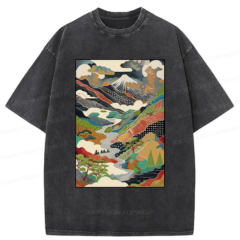 Tokyo-Tiger Japanese Mountain Scenery Washed T-Shirt