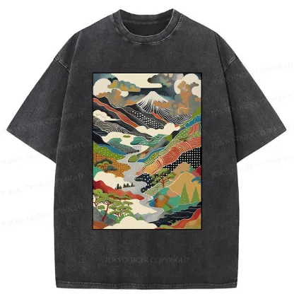 Tokyo-Tiger Japanese Mountain Scenery Washed T-Shirt