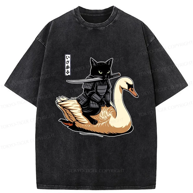 Tokyo-Tiger Black Cat Samurai Riding A Goose Washed T-Shirt