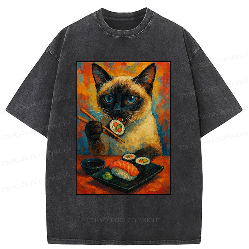 Tokyo-Tiger Siamese Cat Eating Sushi Washed T-Shirt
