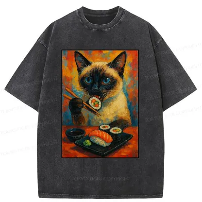 Tokyo-Tiger Siamese Cat Eating Sushi Washed T-Shirt