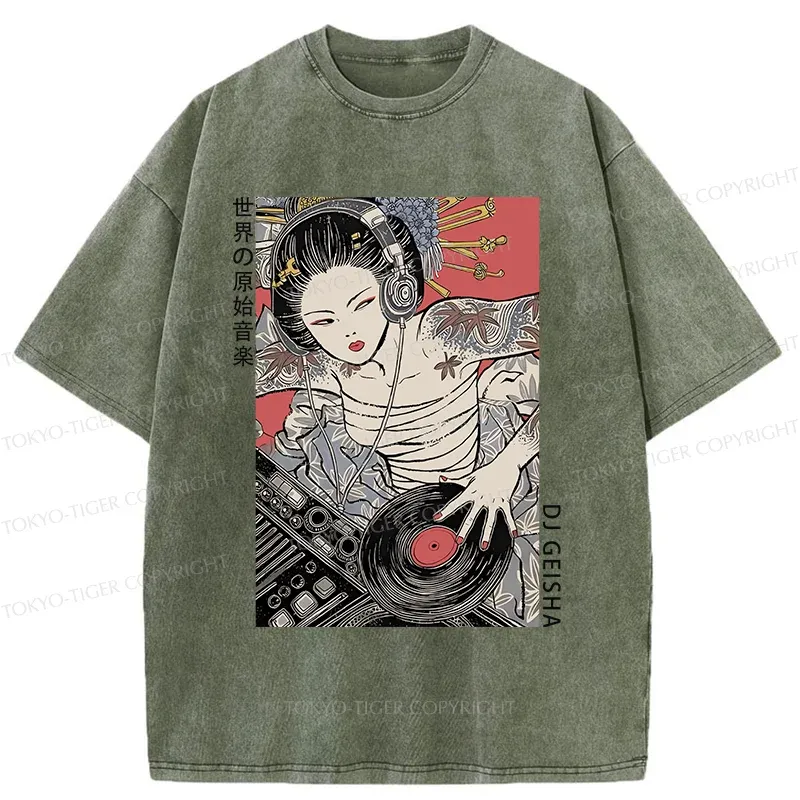 Tokyo-Tiger Geisha DJ Funny Washed T-Shirt