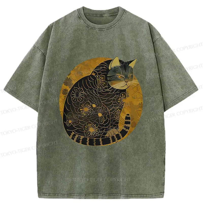 Tokyo-Tiger Japanese Retro Cat Washed T-Shirt