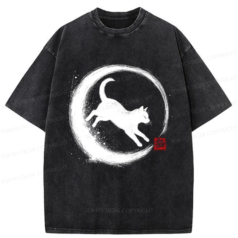 Tokyo-Tiger Retro Cat Enso Japanese Washed T-Shirt