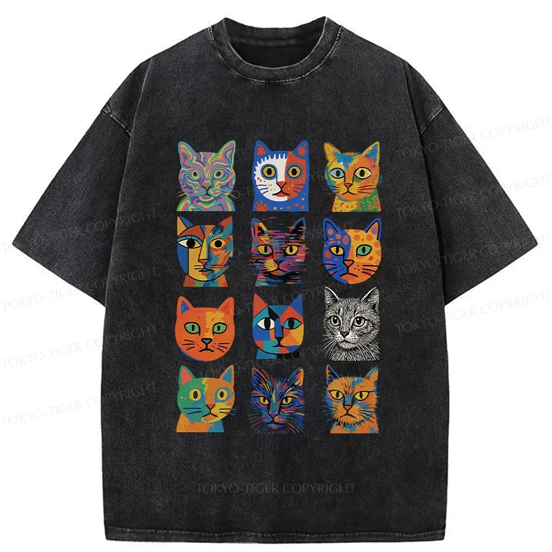 Tokyo-Tiger Abstract Cats Collection Washed T-Shirt