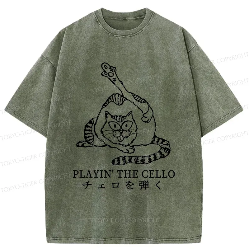 Tokyo-Tiger Cat Playing Cello Washed T-Shirt