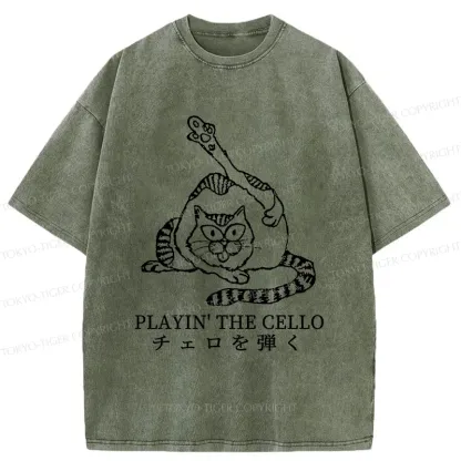 Tokyo-Tiger Cat Playing Cello Washed T-Shirt