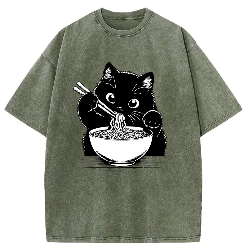 Tokyo-Tiger Cute Cat Eating Ramen Washed T-Shirt