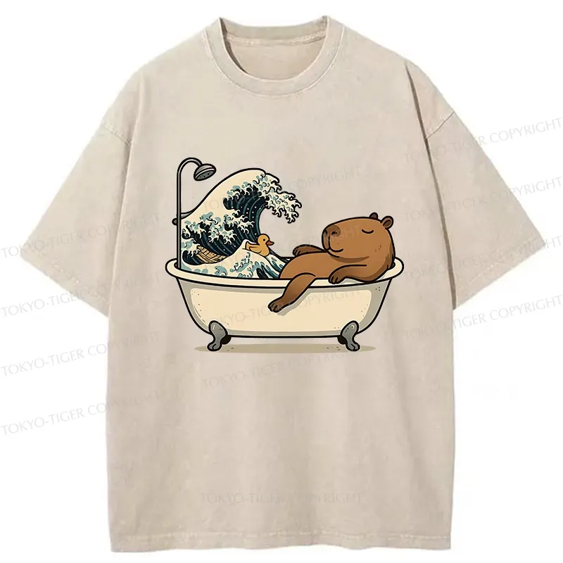 Tokyo-Tiger Funny Capybara Bathing Washed T-Shirt