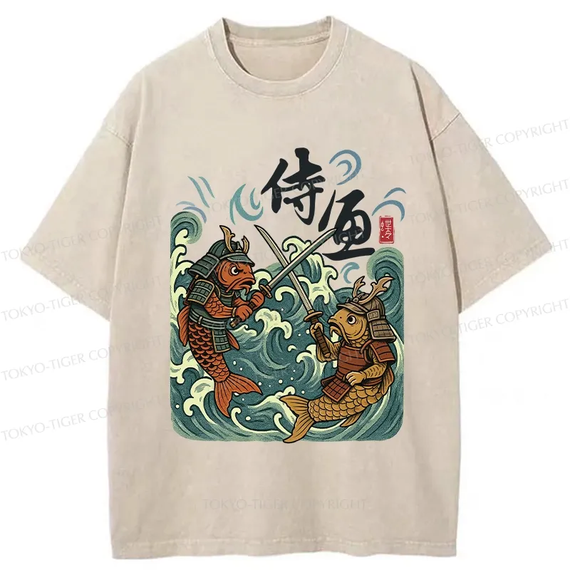 Tokyo-Tiger Japanese Samurai Fish Washed T-Shirt