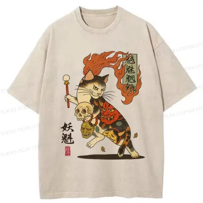 Tokyo-Tiger The Fiery Spirit Of The Yokai Cat Washed T-Shirt