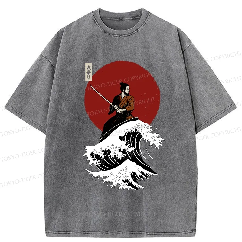 Tokyo-Tiger Surfing Japanese Samurai Washed T-Shirt