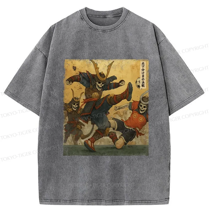 Tokyo-Tiger Skeleton Samurai Playing Football Washed T-Shirt