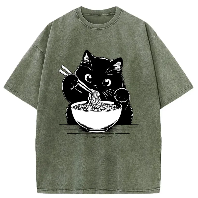 Tokyo-Tiger Cute Cat Eating Ramen Washed T-Shirt