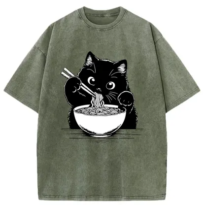 Tokyo-Tiger Cute Cat Eating Ramen Washed T-Shirt