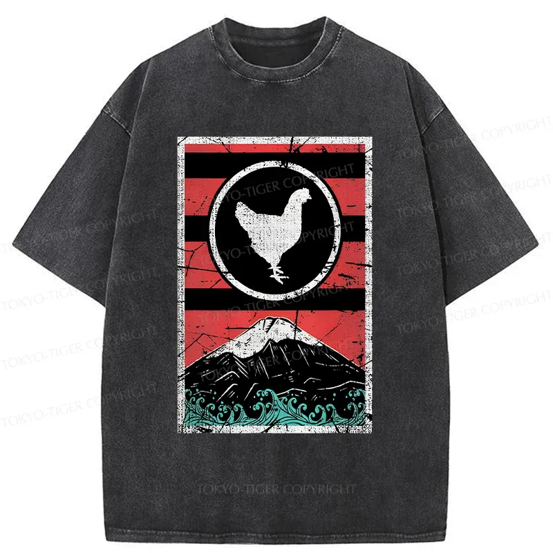 Tokyo-Tiger Mount Fuji And Chicken Washed T-Shirt